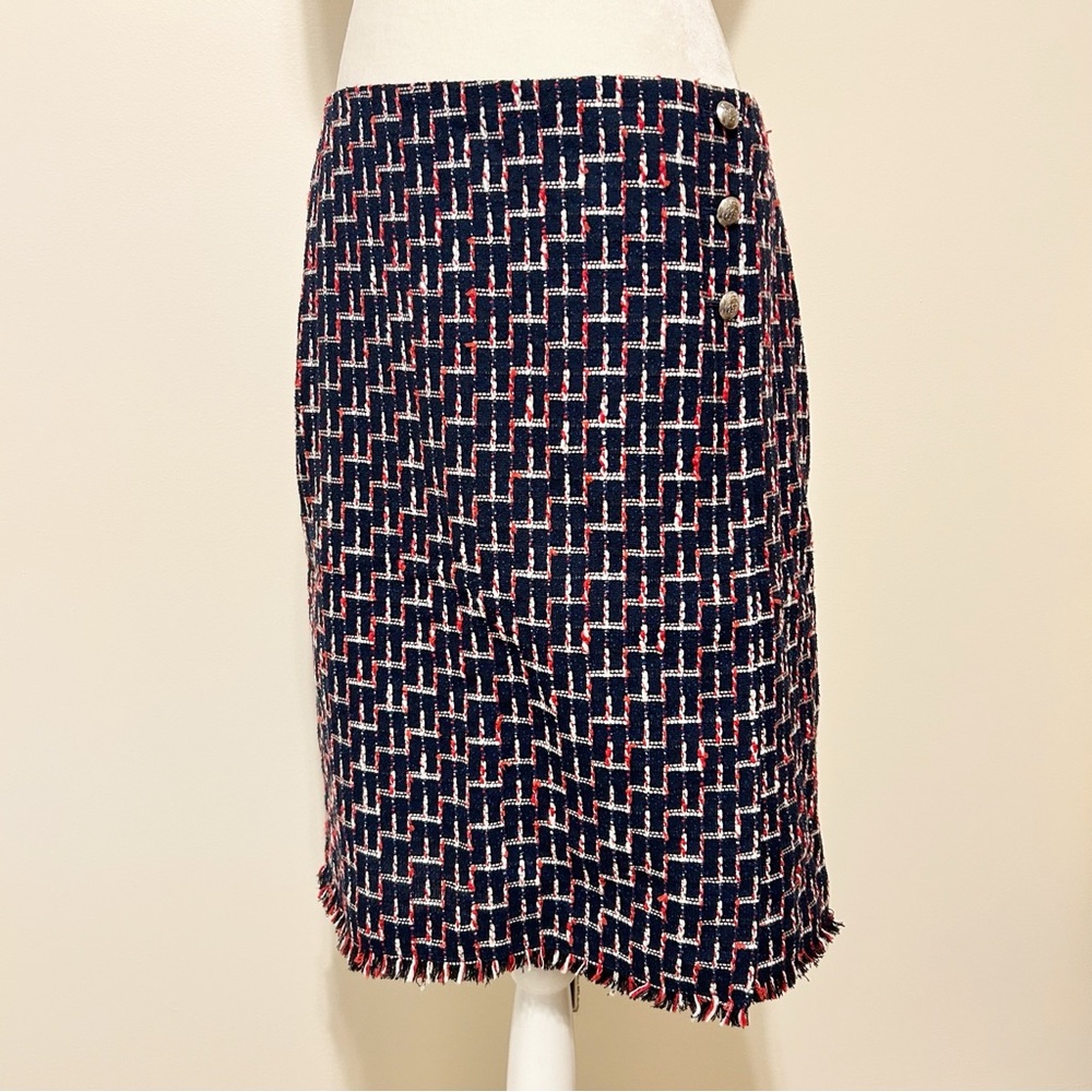 Talbots Tweed Fringe Faux Wrap Button Pencil Skirt Plaid | Size 10